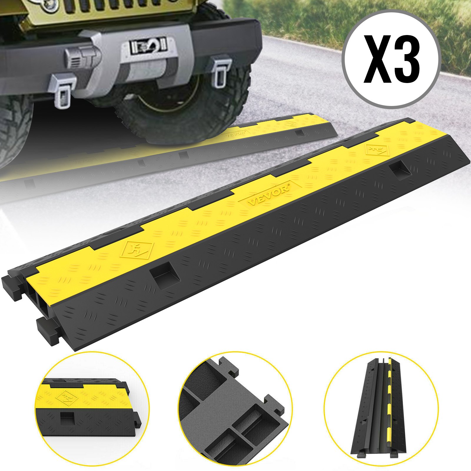 Protectores de cables VEVOR en amarillo y negro debajo de un vehículo, mostrados en un juego de tres.