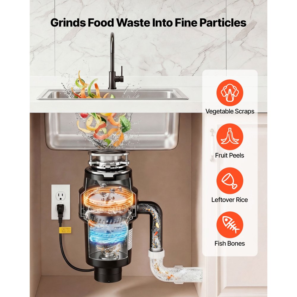 Triturador de residuos de alimentos VEVOR, motor de CC de 1 HP y 3700 RPM, triturador de residuos de fregadero de cocina de alimentación continua, sistema de trituración de residuos de alimentos con montaje de 3 pernos, protector contra salpicaduras y cable de alimentación para cocinas.