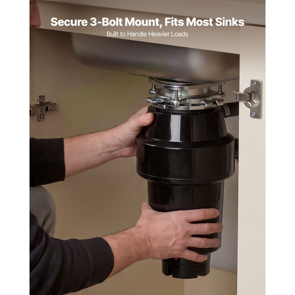 Triturador de residuos de alimentos VEVOR, motor de CC de 1 HP y 3700 RPM, triturador de residuos de fregadero de cocina de alimentación continua, sistema de trituración de residuos de alimentos con montaje de 3 pernos, protector contra salpicaduras y cable de alimentación para cocinas.
