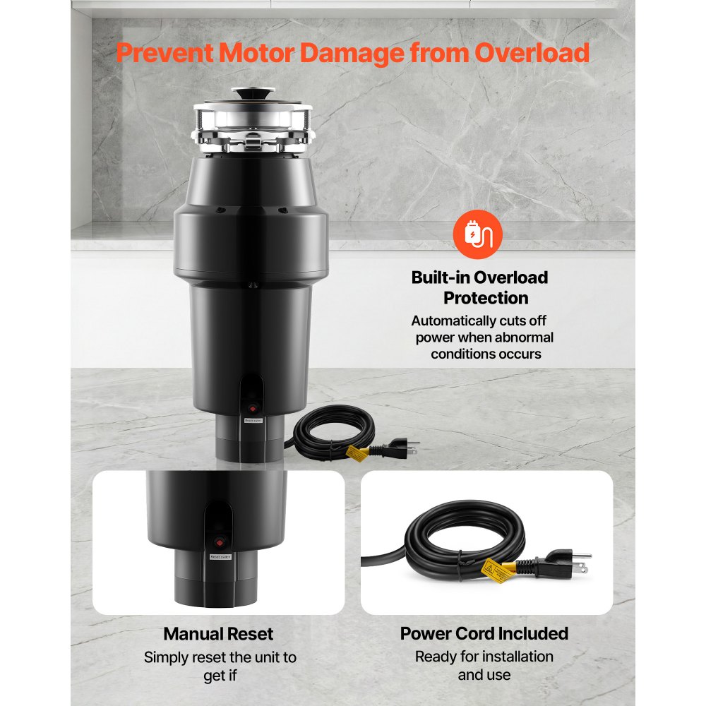 Triturador de residuos de alimentos VEVOR, motor de CC de 1 HP y 3700 RPM, triturador de residuos de fregadero de cocina de alimentación continua, sistema de trituración de residuos de alimentos con montaje de 3 pernos, protector contra salpicaduras y cable de alimentación para cocinas.