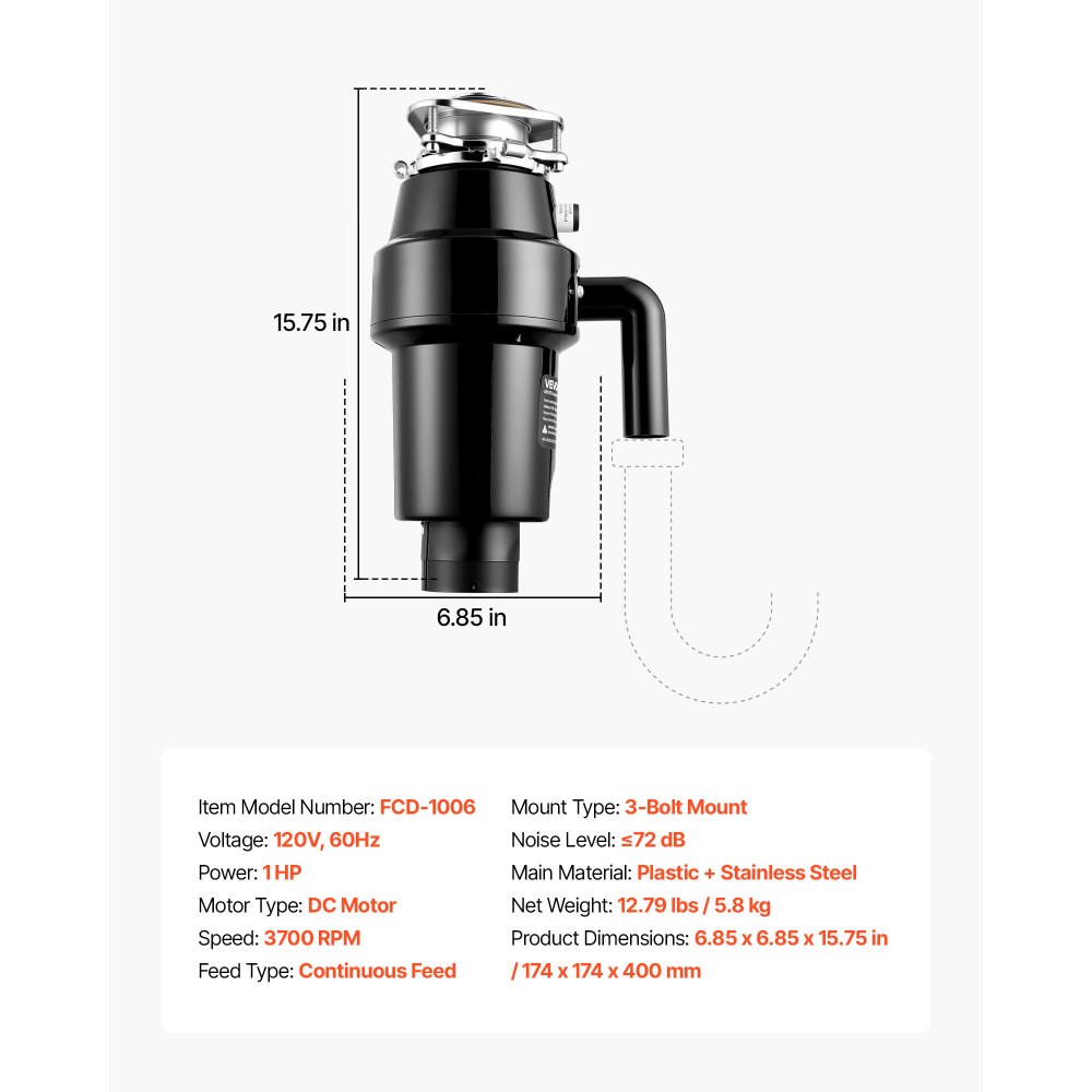 Triturador de residuos de alimentos VEVOR, motor de CC de 1 HP y 3700 RPM, triturador de residuos de fregadero de cocina de alimentación continua, sistema de trituración de residuos de alimentos con montaje de 3 pernos, protector contra salpicaduras y cable de alimentación para cocinas.