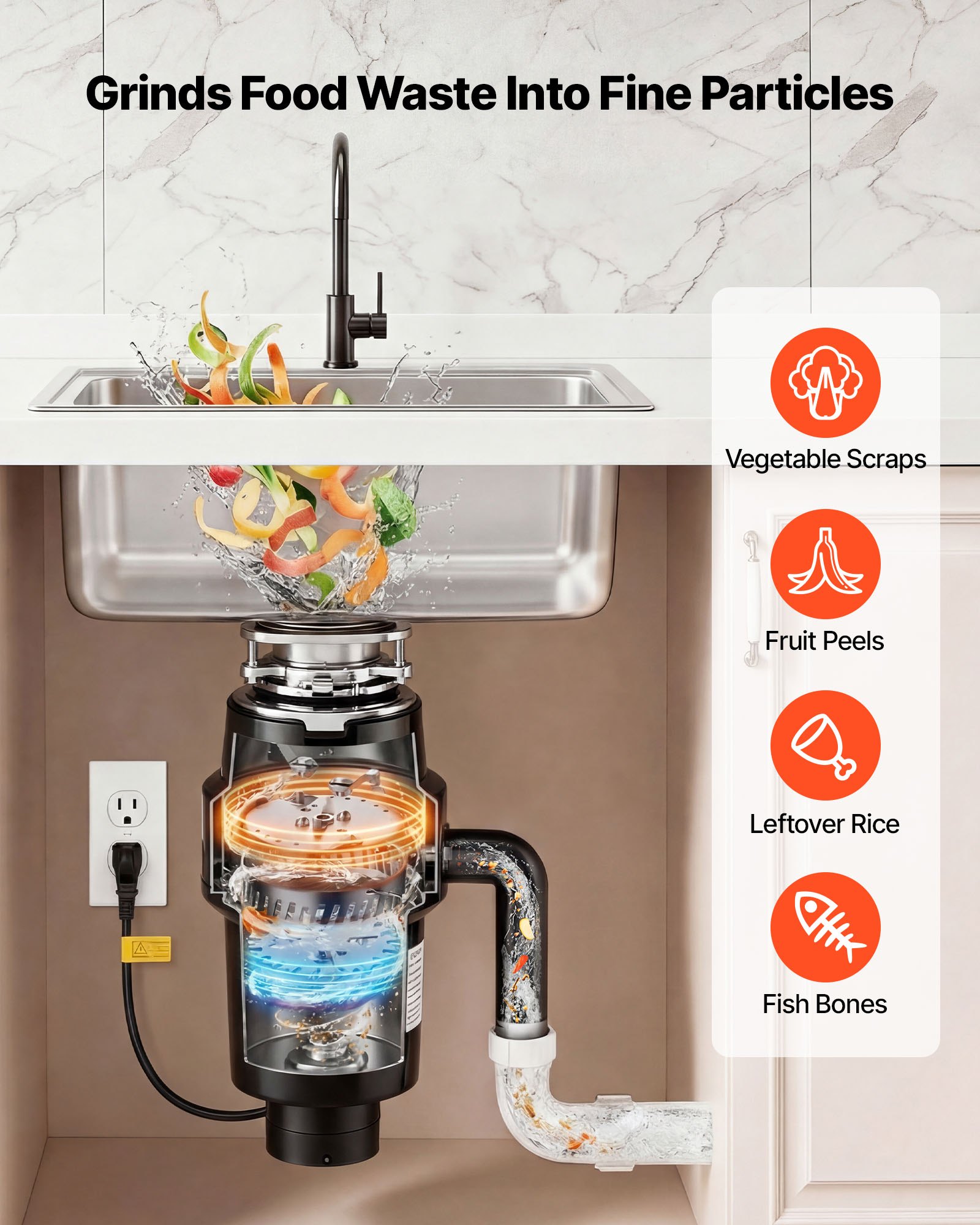Triturador de residuos de alimentos VEVOR, motor de CC de 1 HP y 3700 RPM, triturador de residuos de fregadero de cocina de alimentación continua, sistema de trituración de residuos de alimentos con montaje de 3 pernos, protector contra salpicaduras y cable de alimentación para cocinas.