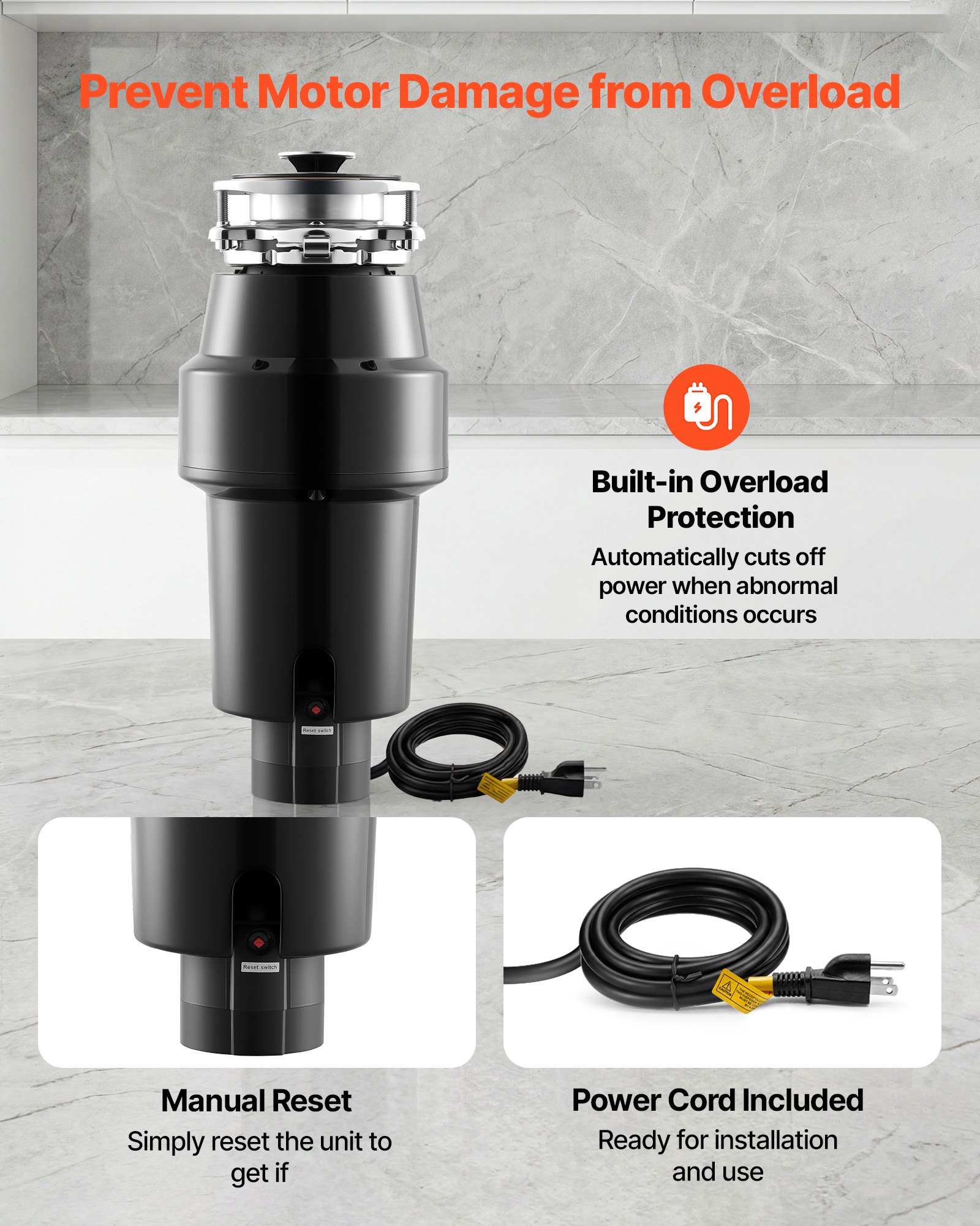 Triturador de residuos de alimentos VEVOR, motor de CC de 1 HP y 3700 RPM, triturador de residuos de fregadero de cocina de alimentación continua, sistema de trituración de residuos de alimentos con montaje de 3 pernos, protector contra salpicaduras y cable de alimentación para cocinas.