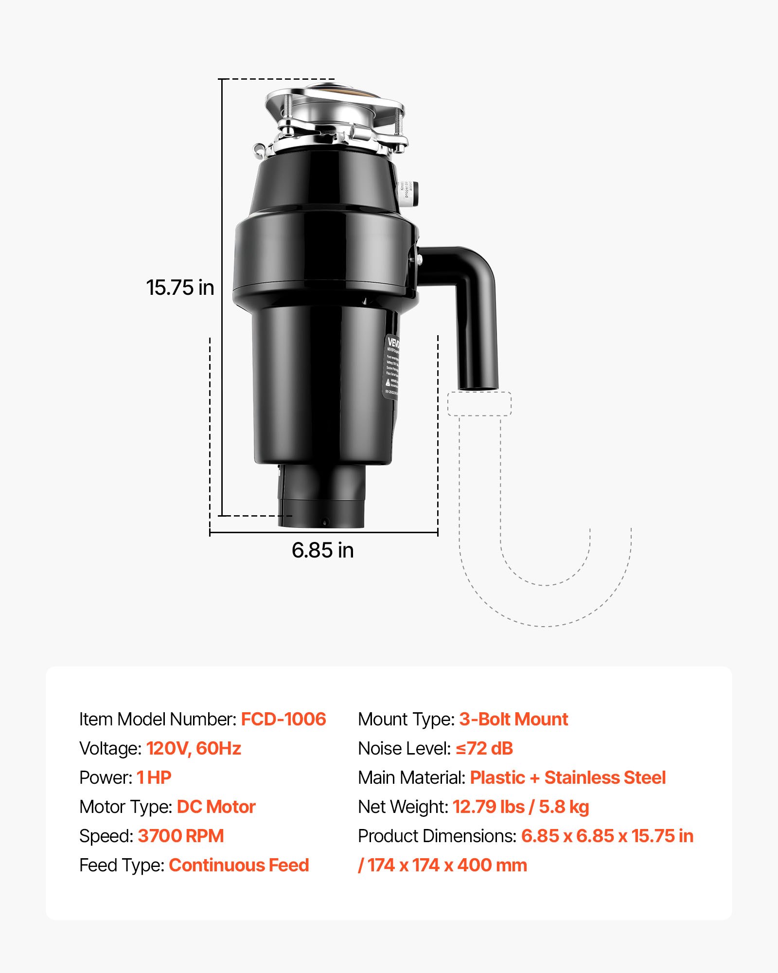 Triturador de residuos de alimentos VEVOR, motor de CC de 1 HP y 3700 RPM, triturador de residuos de fregadero de cocina de alimentación continua, sistema de trituración de residuos de alimentos con montaje de 3 pernos, protector contra salpicaduras y cable de alimentación para cocinas.