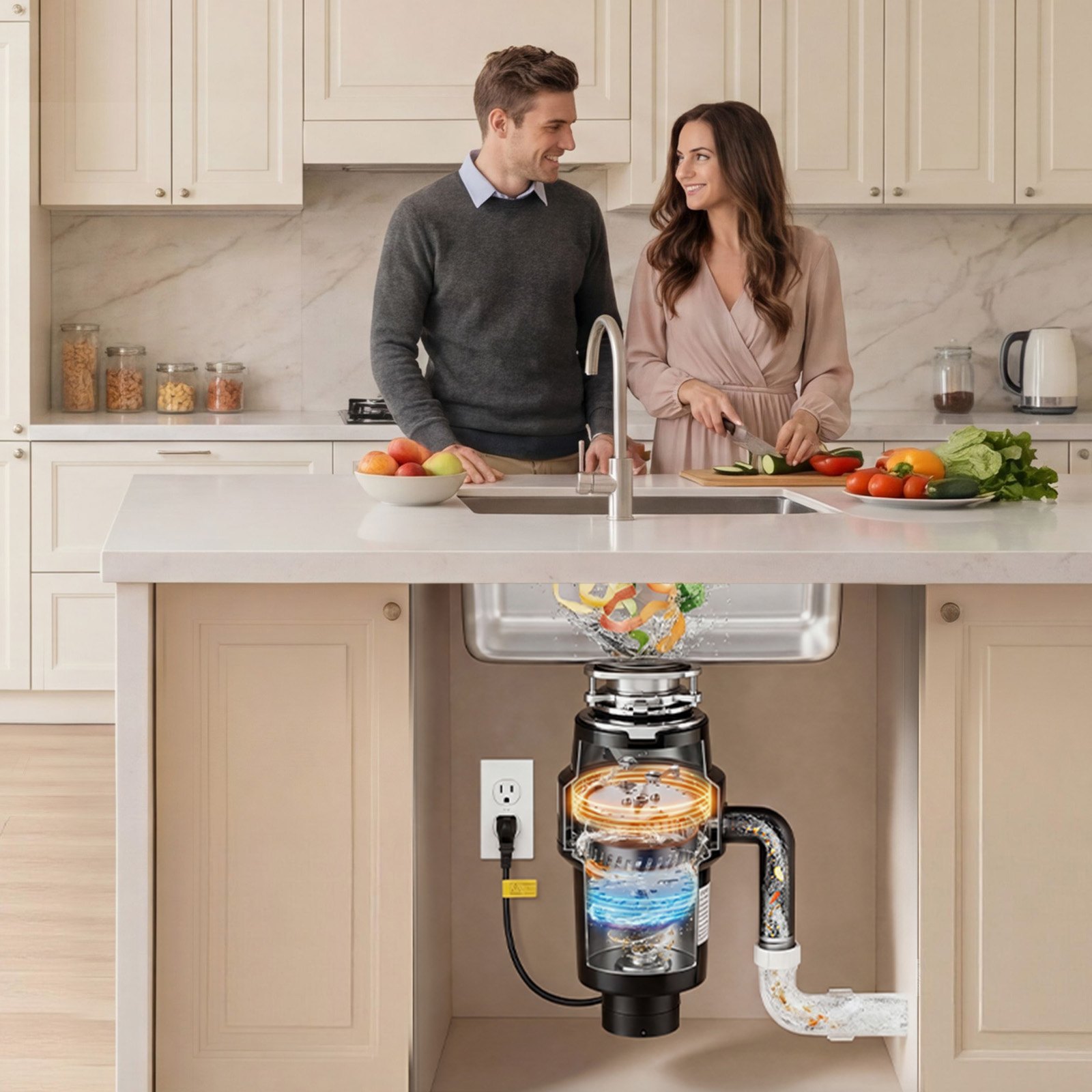 Triturador de residuos de alimentos VEVOR, motor de CC de 1 HP y 3700 RPM, triturador de residuos de fregadero de cocina de alimentación continua, sistema de trituración de residuos de alimentos con montaje de 3 pernos, protector contra salpicaduras y cable de alimentación para cocinas.