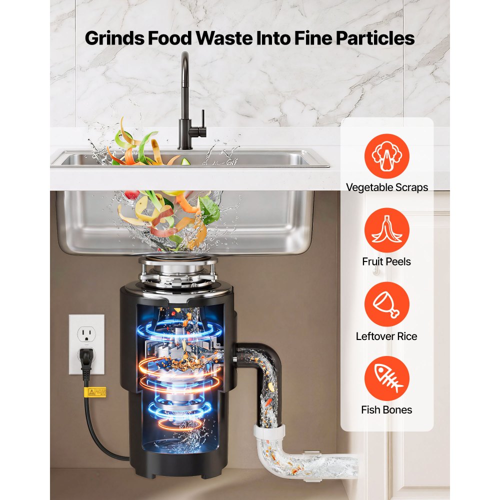 Triturador de residuos de alimentos VEVOR, motor de CA de 3/4 HP y 1500 RPM, triturador de residuos de fregadero de cocina de alimentación continua, sistema de trituración de residuos de alimentos con montaje de 3 pernos, protector contra salpicaduras y cable de alimentación para cocinas.