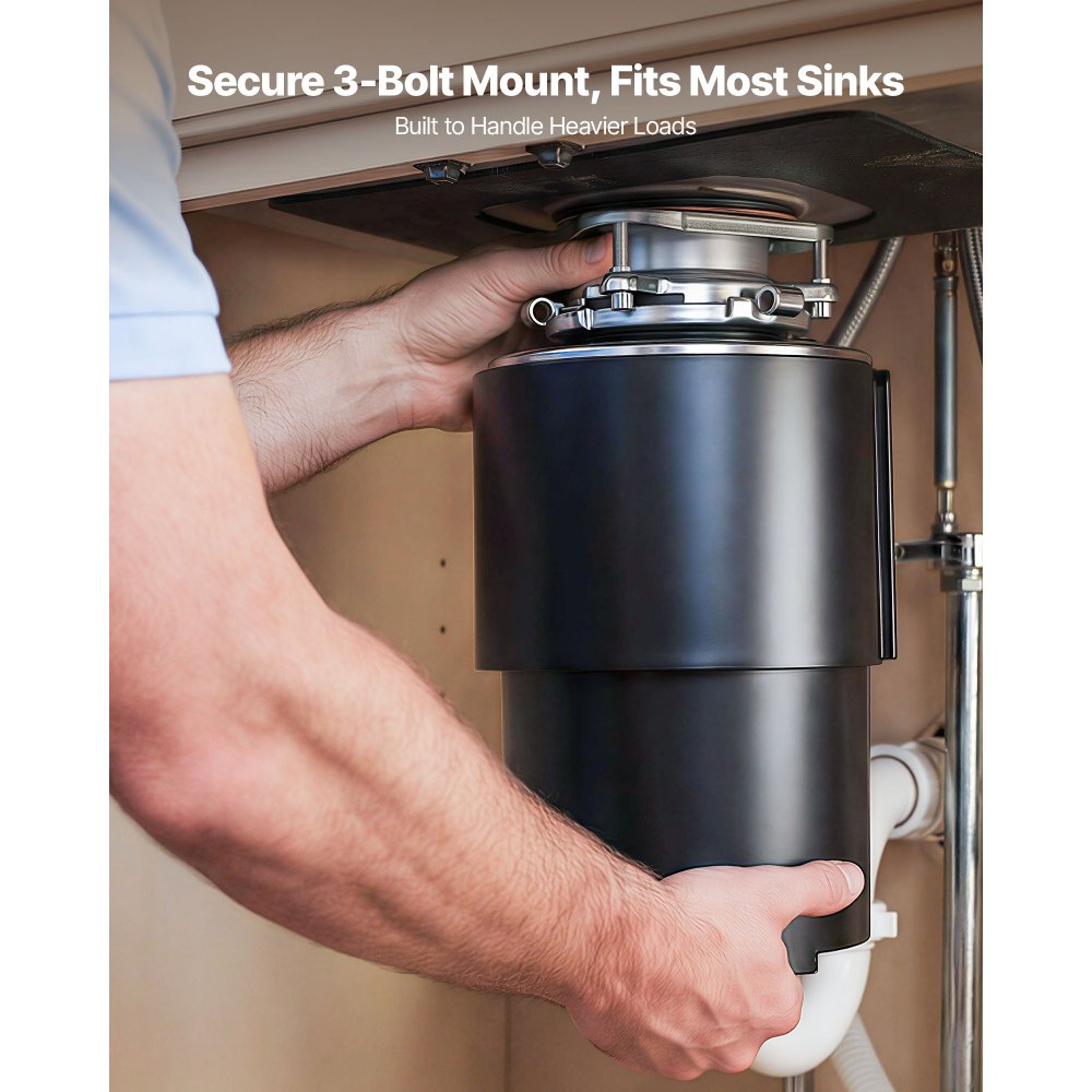 Triturador de residuos de alimentos VEVOR, motor de CA de 3/4 HP y 1500 RPM, triturador de residuos de fregadero de cocina de alimentación continua, sistema de trituración de residuos de alimentos con montaje de 3 pernos, protector contra salpicaduras y cable de alimentación para cocinas.