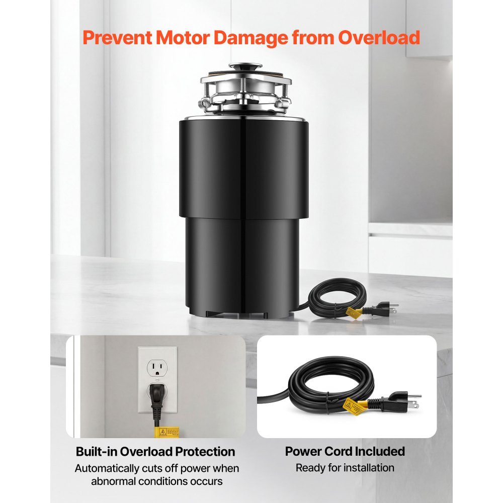Triturador de residuos de alimentos VEVOR, motor de CA de 3/4 HP y 1500 RPM, triturador de residuos de fregadero de cocina de alimentación continua, sistema de trituración de residuos de alimentos con montaje de 3 pernos, protector contra salpicaduras y cable de alimentación para cocinas.