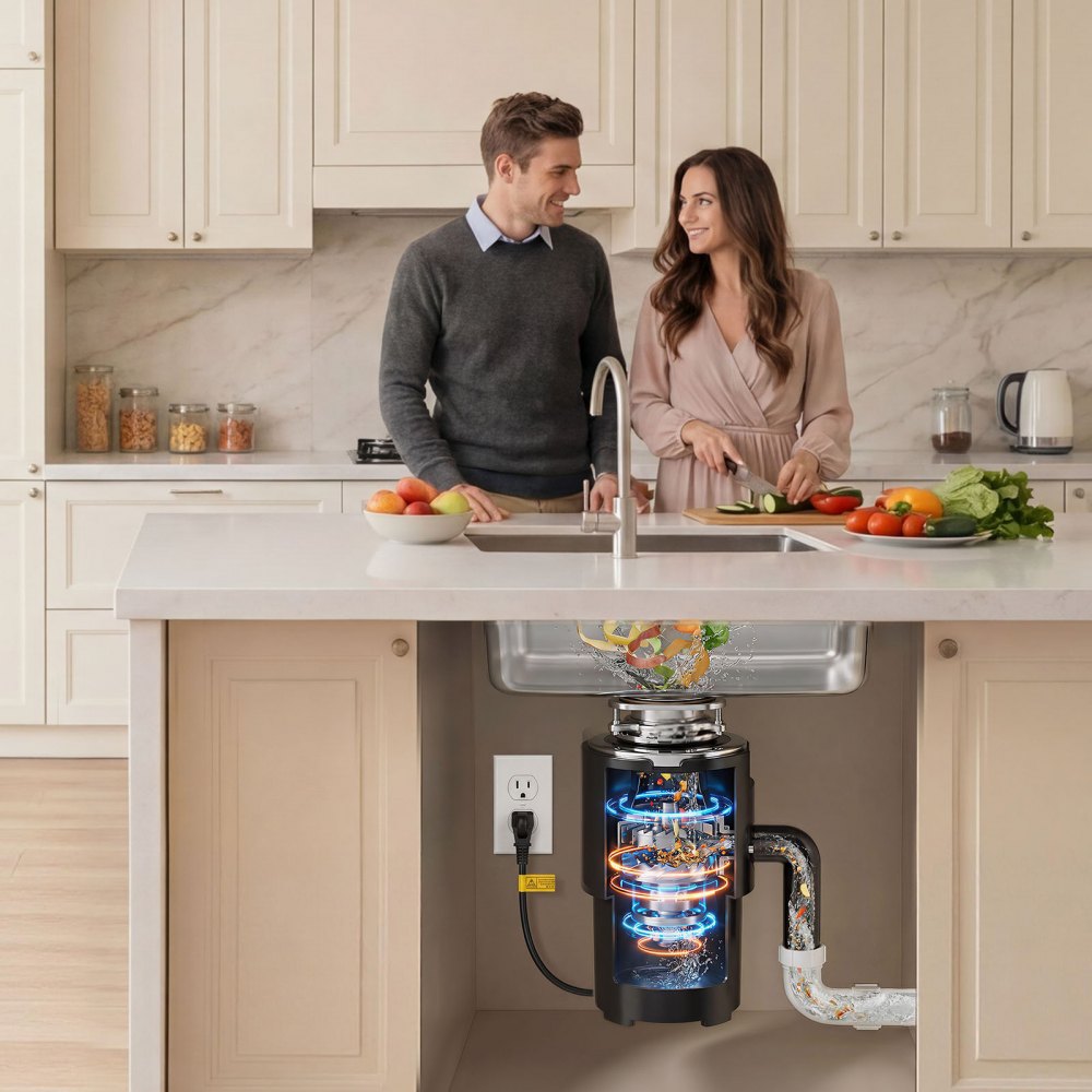 Triturador de residuos de alimentos VEVOR, motor de CA de 3/4 HP y 1500 RPM, triturador de residuos de fregadero de cocina de alimentación continua, sistema de trituración de residuos de alimentos con montaje de 3 pernos, protector contra salpicaduras y cable de alimentación para cocinas.