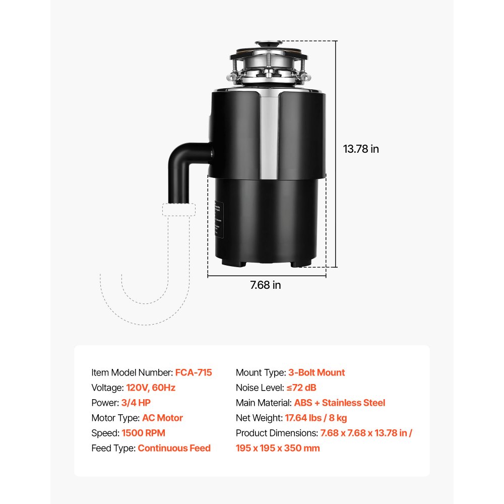 Triturador de residuos de alimentos VEVOR, motor de CA de 3/4 HP y 1500 RPM, triturador de residuos de fregadero de cocina de alimentación continua, sistema de trituración de residuos de alimentos con montaje de 3 pernos, protector contra salpicaduras y cable de alimentación para cocinas.