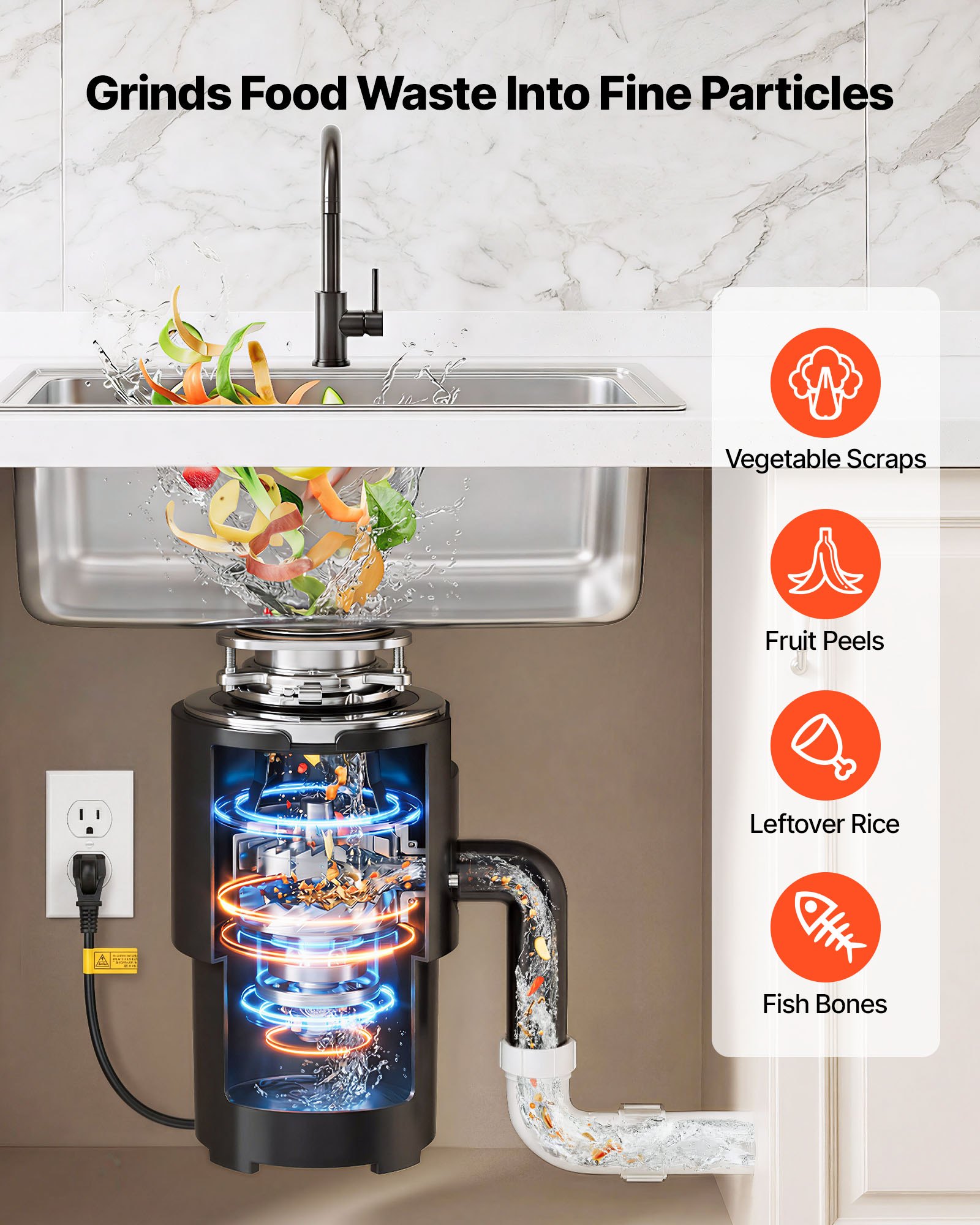 Triturador de residuos de alimentos VEVOR, motor de CA de 3/4 HP y 1500 RPM, triturador de residuos de fregadero de cocina de alimentación continua, sistema de trituración de residuos de alimentos con montaje de 3 pernos, protector contra salpicaduras y cable de alimentación para cocinas.