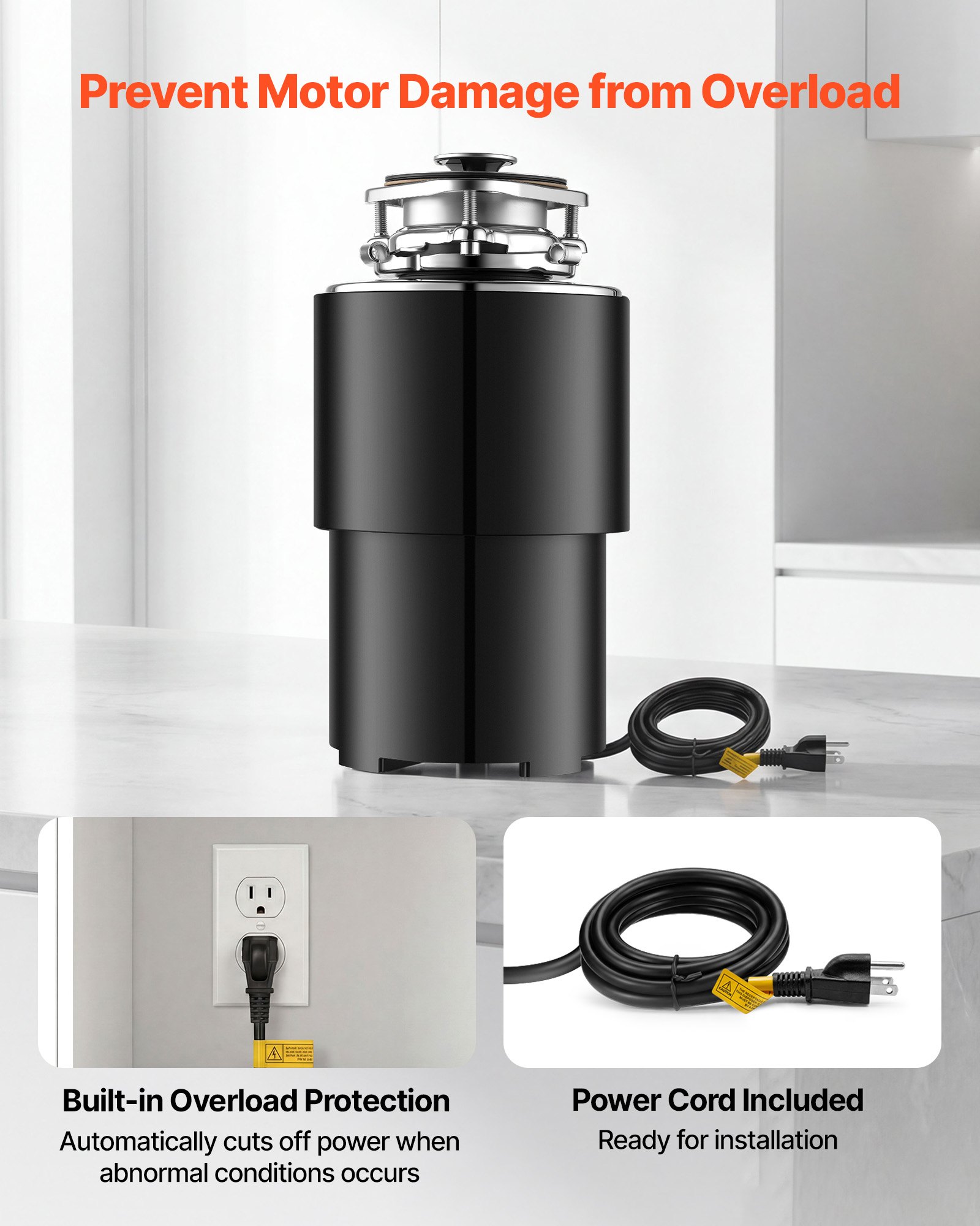 Triturador de residuos de alimentos VEVOR, motor de CA de 3/4 HP y 1500 RPM, triturador de residuos de fregadero de cocina de alimentación continua, sistema de trituración de residuos de alimentos con montaje de 3 pernos, protector contra salpicaduras y cable de alimentación para cocinas.