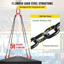 Eslinga de cadena VEVOR de 10 pies, cadena de elevación de motor de 5/16 pulgadas x 10 pies, cadena de motor de acero de aleación G80, elevador de cadena de 3 toneladas con 4 ganchos de agarre de patas y ajustador utilizado en minería, maquinaria, puertos, construcción