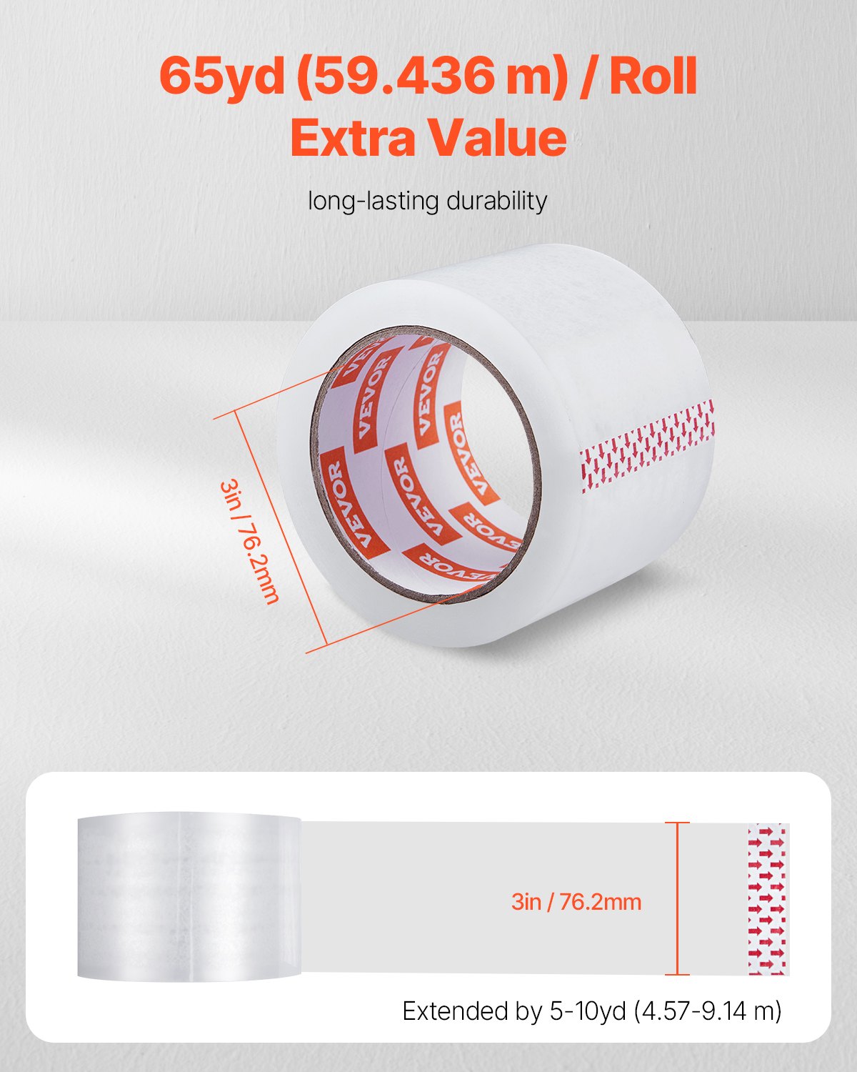 Cinta de embalaje transparente VEVOR, núcleo de 3 pulgadas, 6 rollos de 3 pulgadas x 65 yardas, 2,7 mil de grosor, cinta de embalaje resistente diseñada para mudanzas, almacenamiento, embalaje, envíos y correo, oficina.