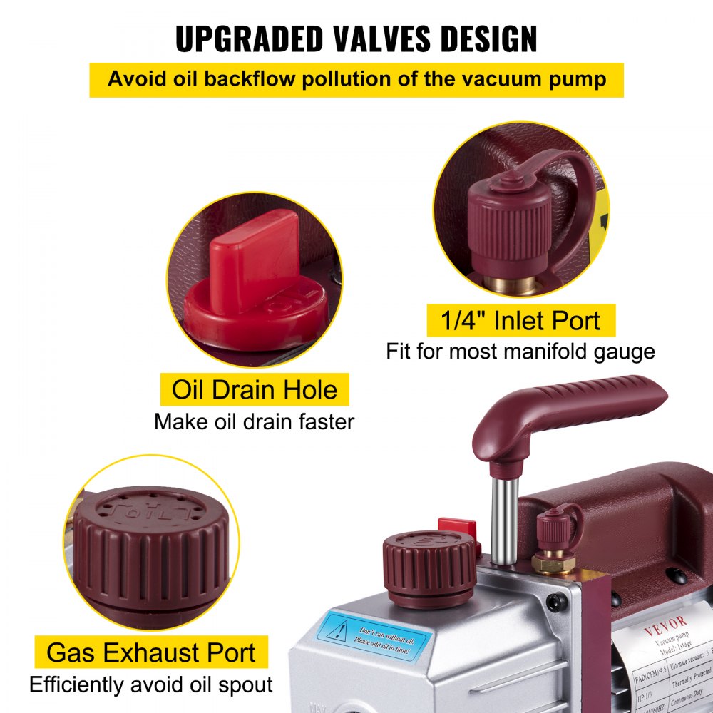 Bomba de vacío VEVOR de 4,5 CFM, bomba de vacío de paletas rotativas de una etapa para HVAC, 1/3 HP, 5 PA, para refrigerante de aire acondicionado de última generación.