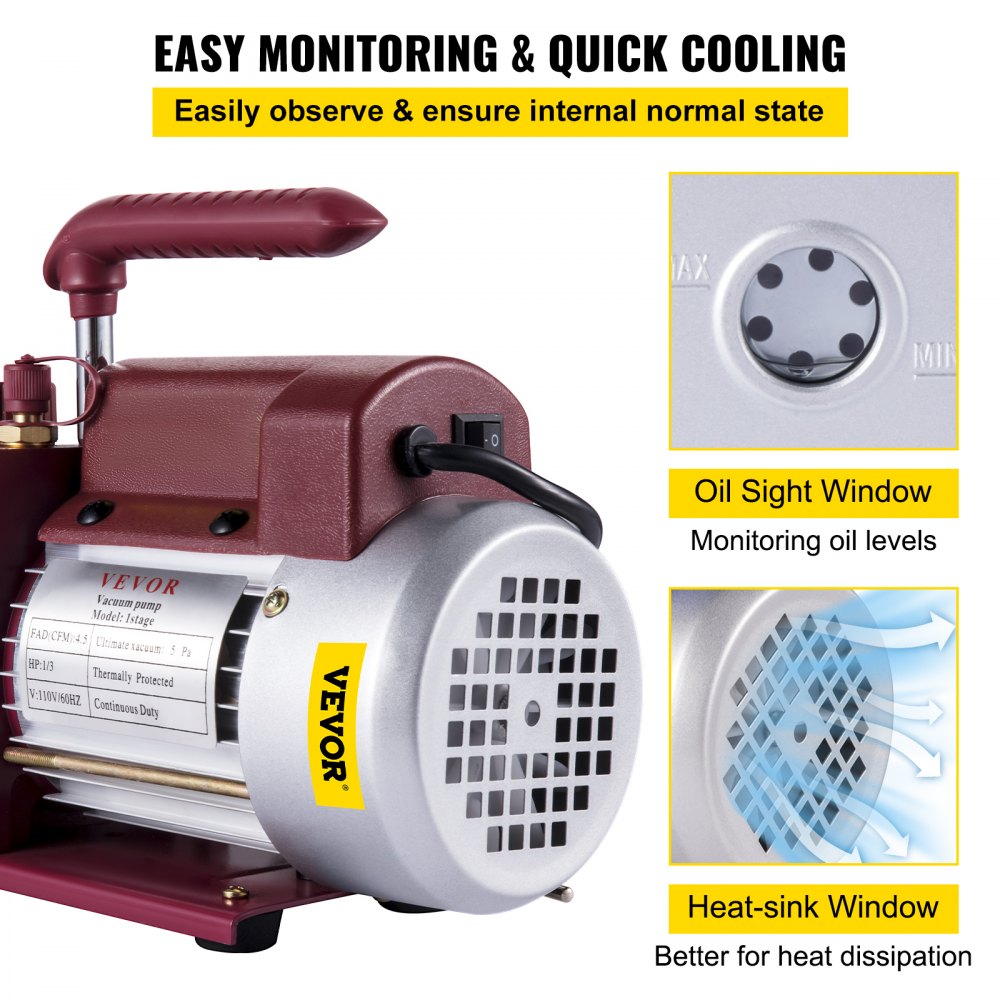 Bomba de vacío VEVOR de 4,5 CFM, bomba de vacío de paletas rotativas de una etapa para HVAC, 1/3 HP, 5 PA, para refrigerante de aire acondicionado de última generación.