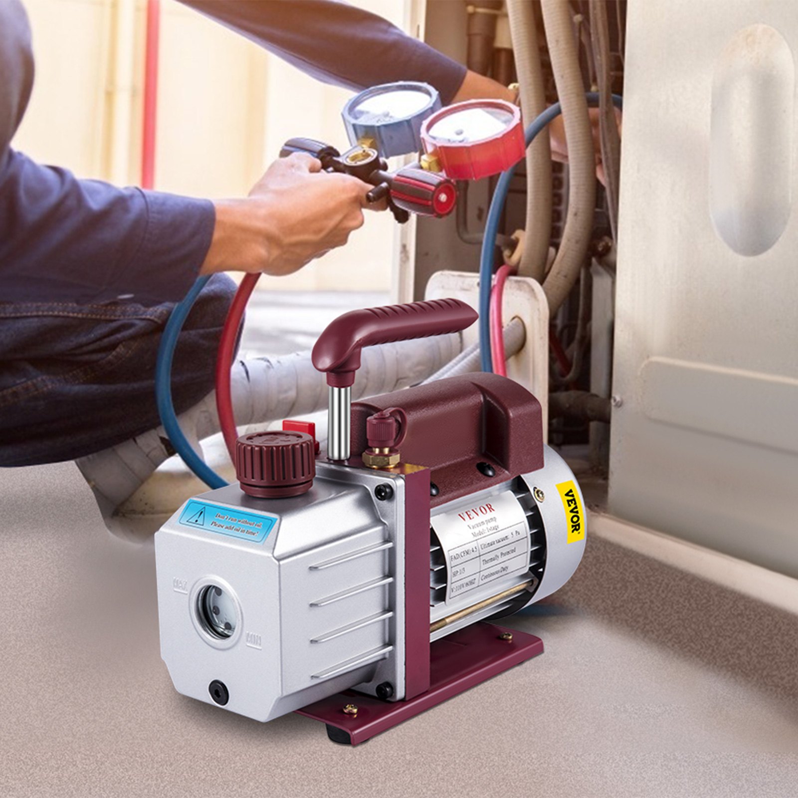 Bomba de vacío VEVOR de 4,5 CFM, bomba de vacío de paletas rotativas de una etapa para HVAC, 1/3 HP, 5 PA, para refrigerante de aire acondicionado de última generación.