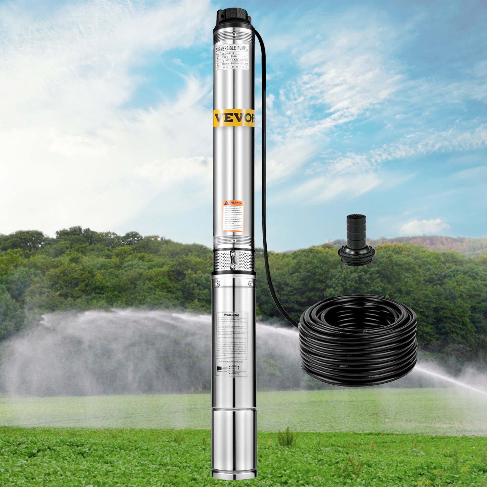 Bomba de pozo VEVOR 2 HP 220V Bomba de pozo sumergible Cabezal de 440 pies 42GPM Bomba de pozo profundo de acero inoxidable para uso industrial y doméstico