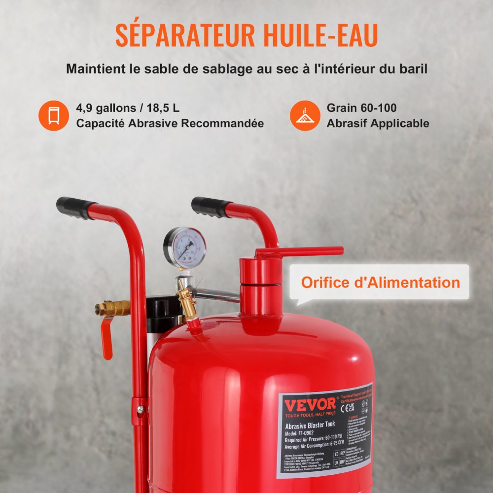 VEVOR 10Gal/40L Sandblaster Equipped with Nozzle Shut-Off Valve Pressure Gauge Ceramic Nozzle 2.5m Hose Filling Funnel Watertrap 6\" Rubber Wheels Grit Power Sand Blasters Portable Sandblasting Equipm