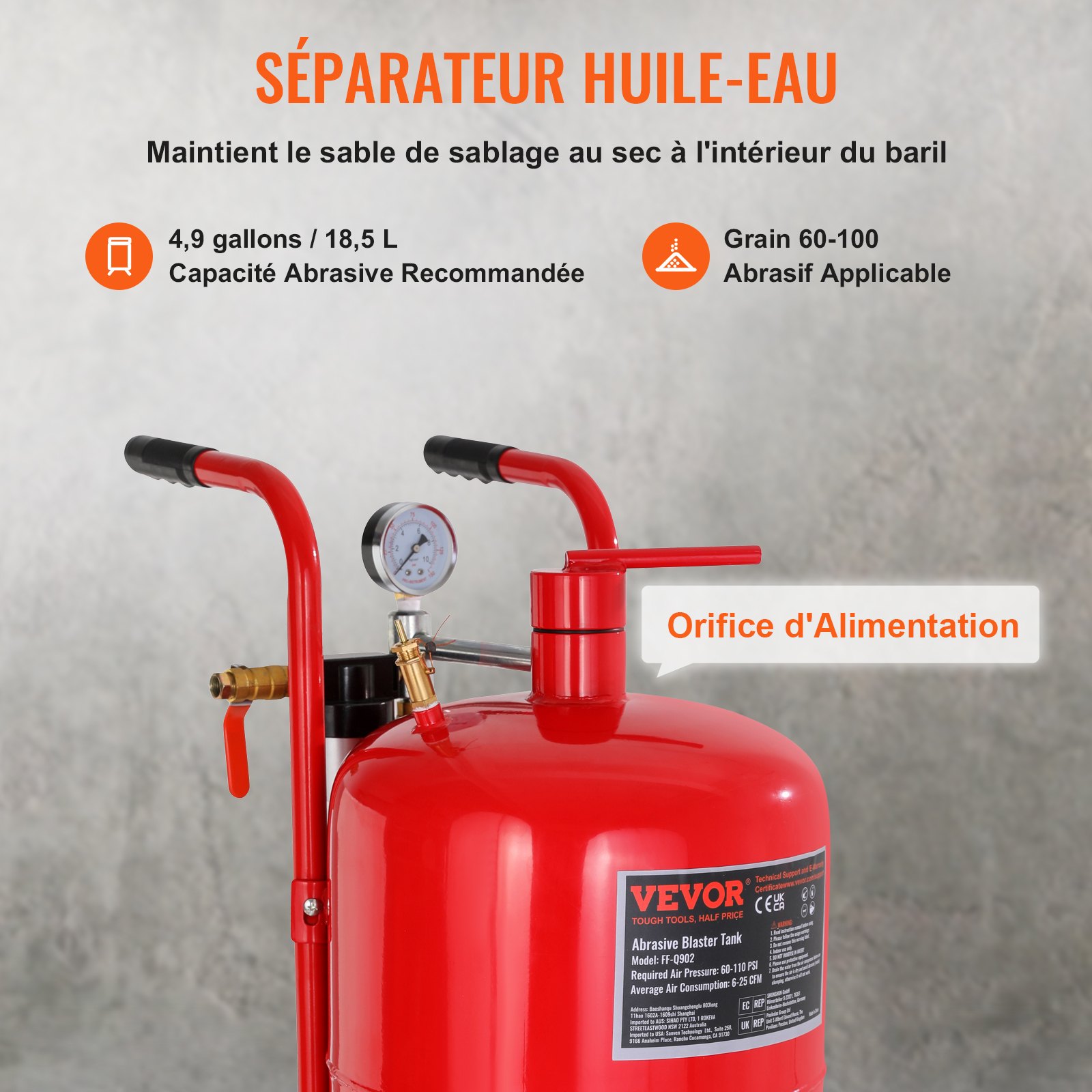 VEVOR Chorro de arena de 10 gal/40 l equipado con boquilla, válvula de cierre, manómetro, boquilla de cerámica, manguera de 2,5 m, embudo de llenado, trampa de agua, ruedas de goma de 6 pulgadas, chorros de arena potentes, equipo de chorro de arena portátil