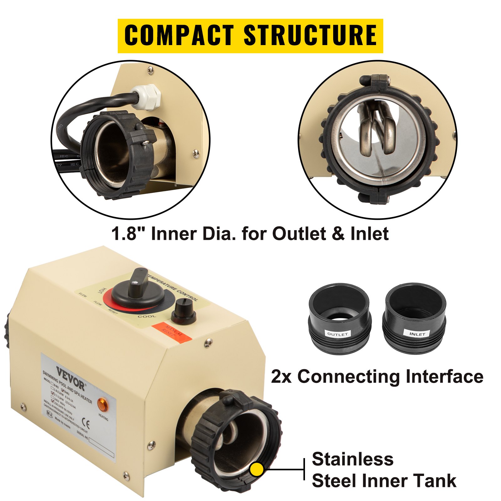 VEVOR Calentador de agua apto para termostato 3KW 220V Calentador de agua eléctrico apto para termostato para Max 528 Mini galón Piscina y SPA Piscina apto para termostato Interfaz automatizada de 48 mm