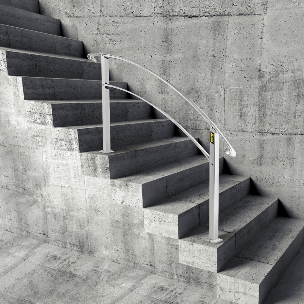 Escaleras de hormigón gris resistente con elegantes pasamanos para exteriores VEVOR contra una pared de hormigón.