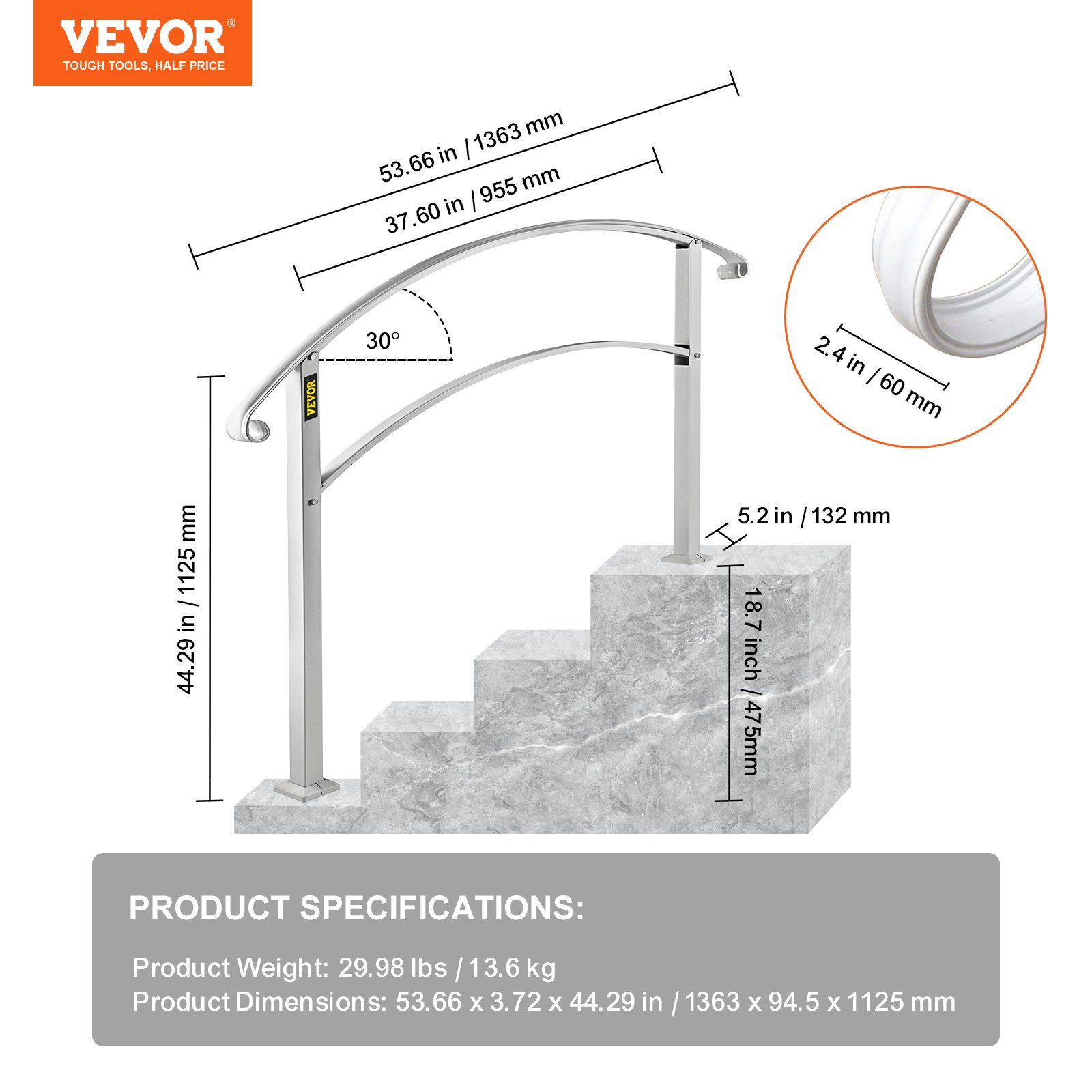 Pasamanos de exterior VEVOR para escaleras con dimensiones y peso del producto detallados.