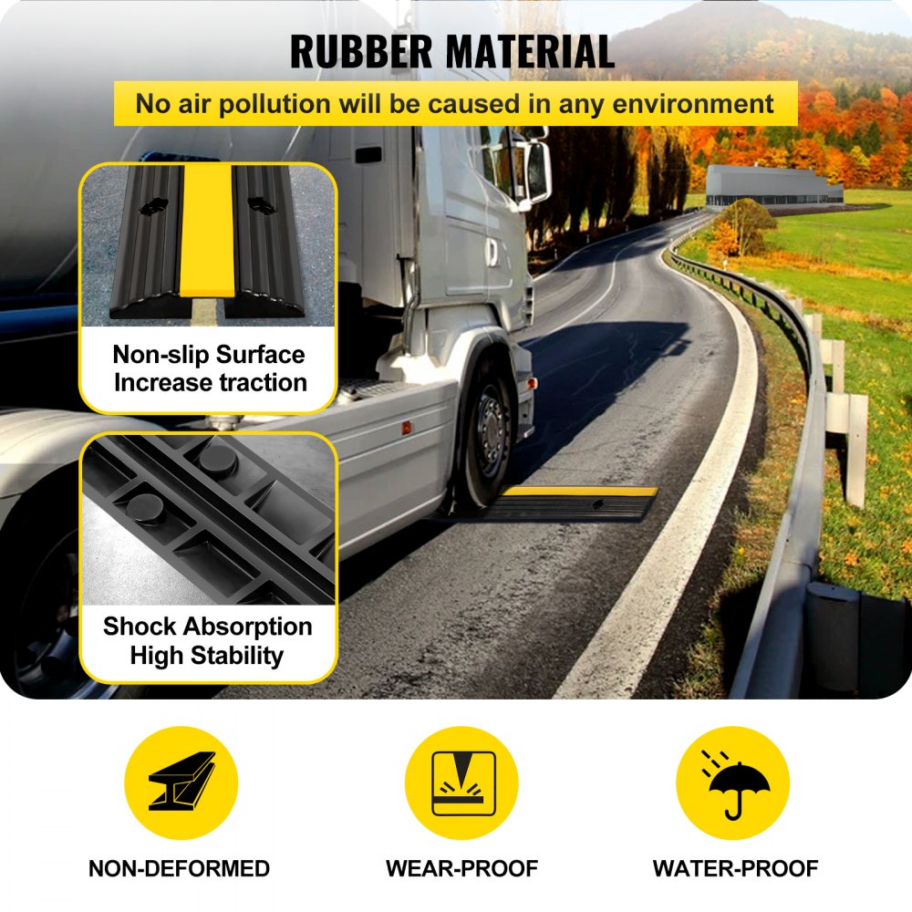 Camión en carretera con rampa protectora de cable VEVOR que presenta características antideslizantes y de absorción de impactos.