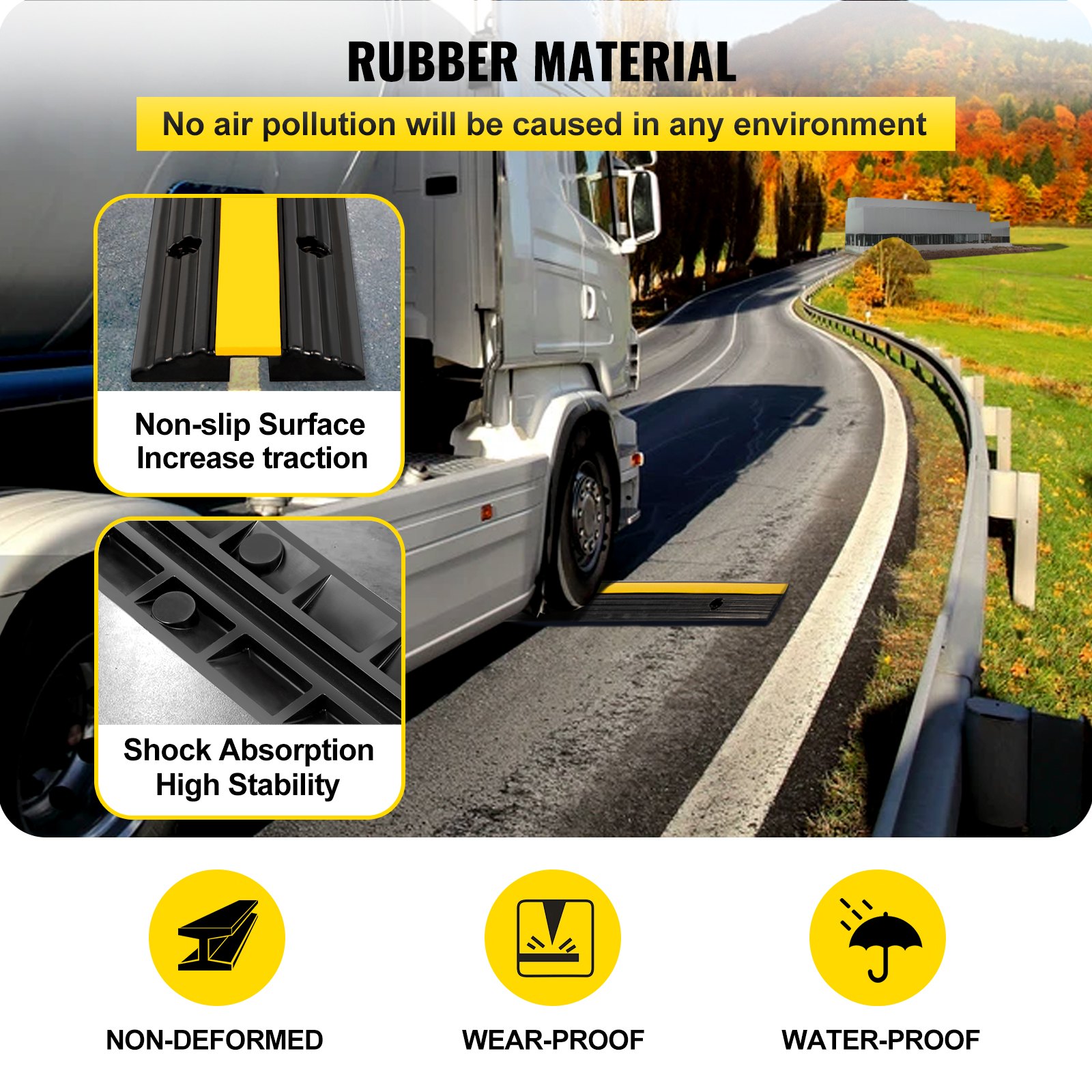 Camión en carretera con rampa protectora de cable VEVOR que presenta características antideslizantes y de absorción de impactos.