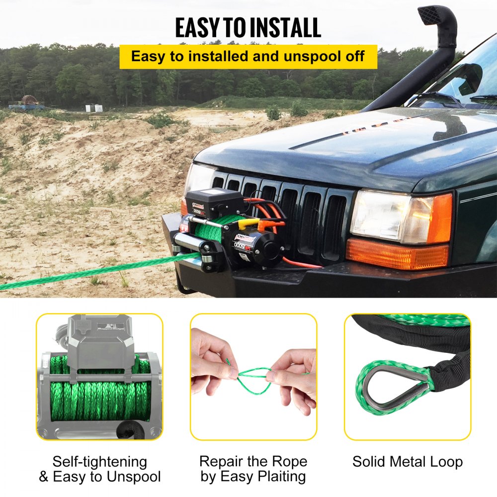 VEVOR Línea de cabrestante sintética verde 5/16 pulgadas X100FT Cuerda de cabrestante sintética 12000 LBS Cuerda de remolque para automóvil con funda (100 pies)