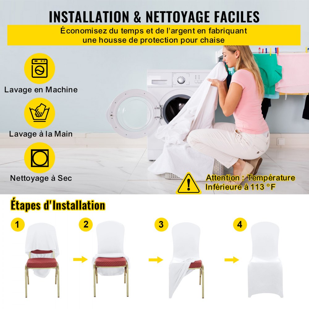 VEVOR Fundas Elasticas para Sillas 50 Piezas Fundas para Sillas 83 - 93 cm Fundas de Sillas para Bodas 94% Poliéster y 6% Elastano Blanco Limpieza Fácil para Fiestas de Cumpleaños, Bodas, Banquetes