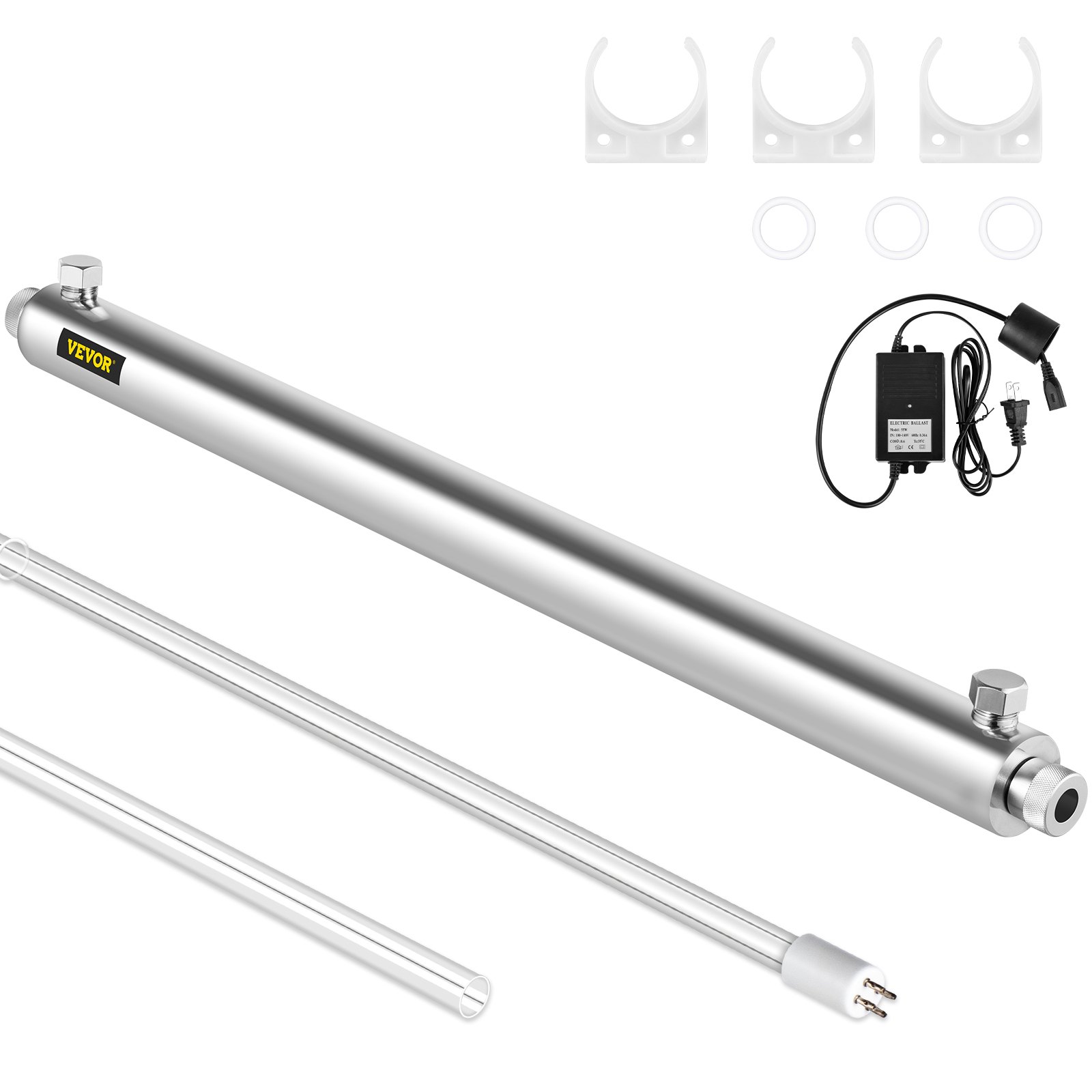 Purificador de agua UV VEVOR con soportes de montaje, adaptador de corriente y funda de cuarzo.