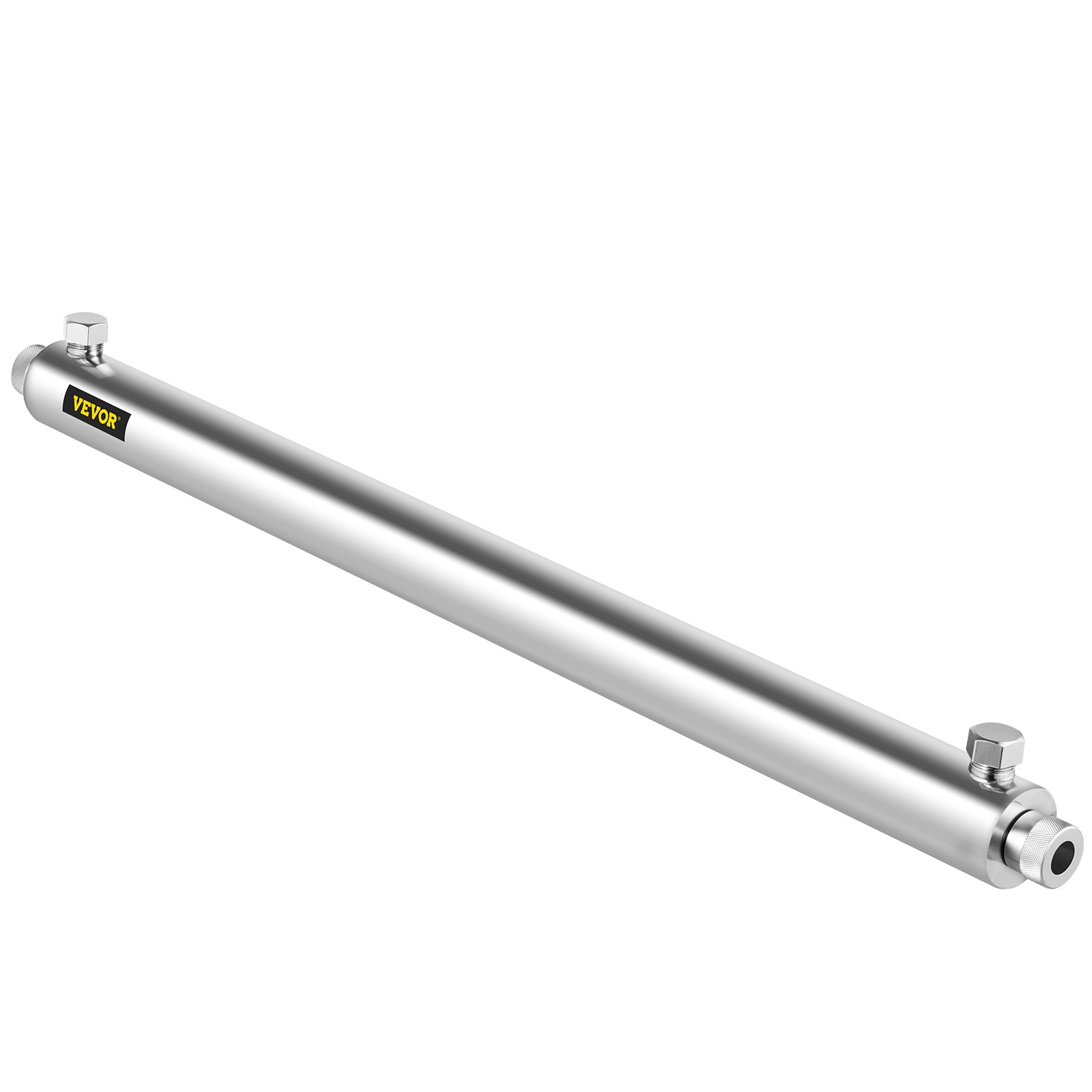 Purificador de agua UV VEVOR en diseño cilíndrico de acero inoxidable.