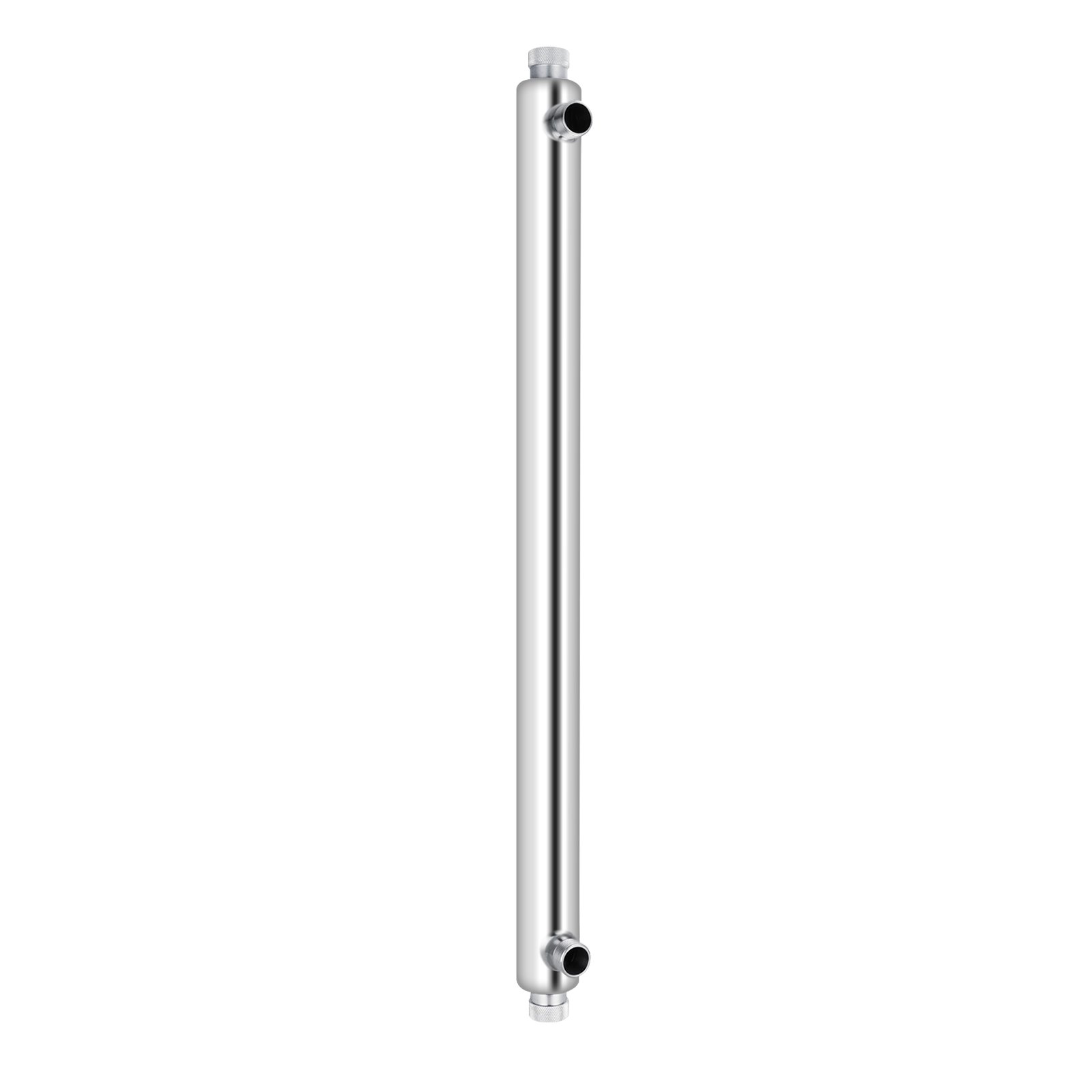 Purificador de agua VEVOR UV cilíndrico plateado con válvulas de entrada y salida.