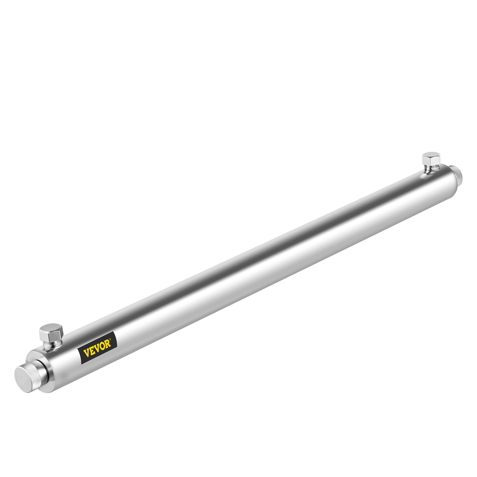 Tubo de acero inoxidable purificador de agua UV VEVOR, vista lateral, aislado sobre fondo blanco.