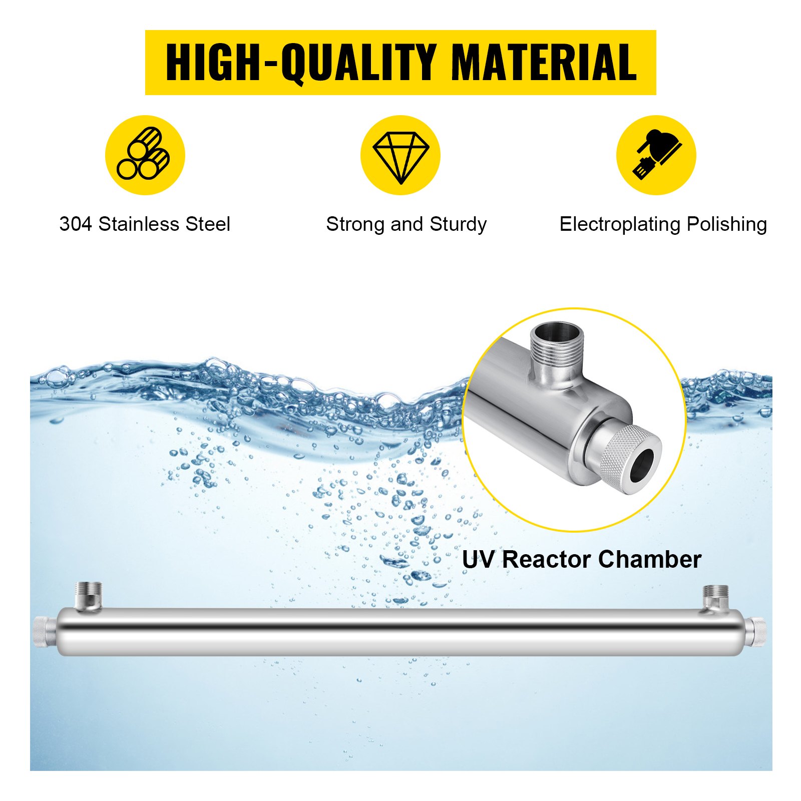 Purificador de agua UV VEVOR con cámara de reactor de acero inoxidable 304 sumergida en agua.