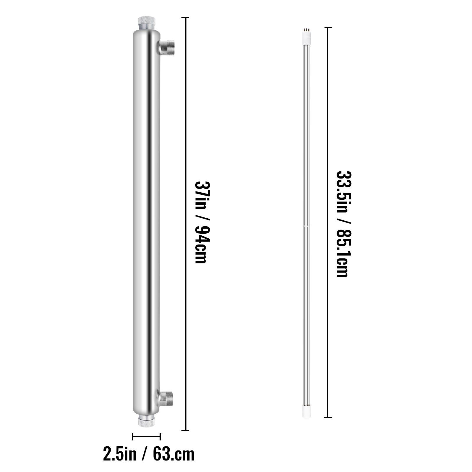 Dimensiones del purificador de agua UV VEVOR: 37 pulgadas x 2,5 pulgadas y 33,5 pulgadas x 85,1 cm.