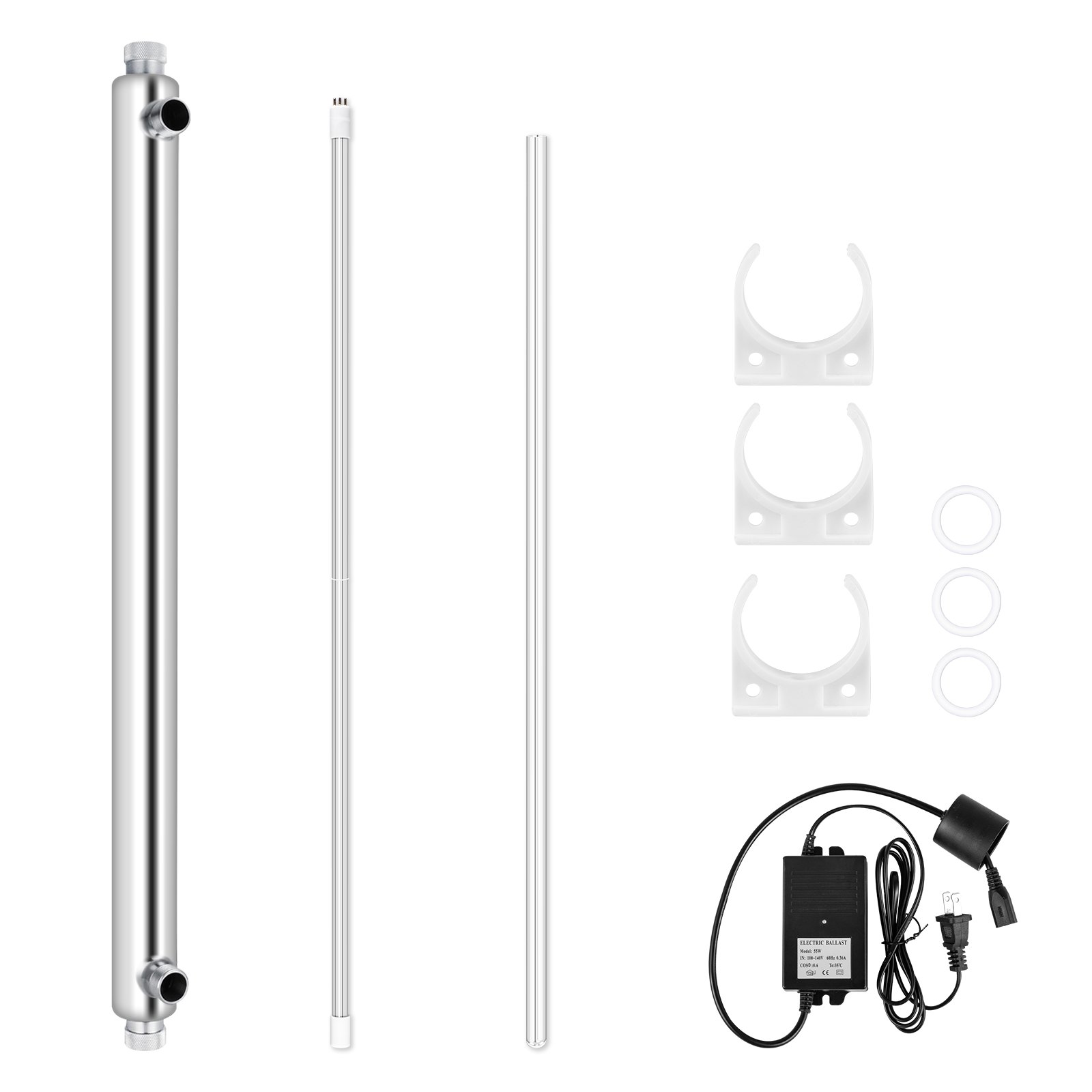 Purificador de agua UV VEVOR con cámara de acero inoxidable, soportes de montaje y adaptador de corriente.
