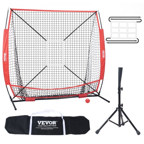 VEVOR Red de práctica de béisbol y softbol de 5 x 5 pies, red de entrenamiento de béisbol portátil para golpear, atrapar, lanzar, equipo de béisbol con marco de arco, bolsa de transporte, zona de ataque, pelota, camiseta de bateo