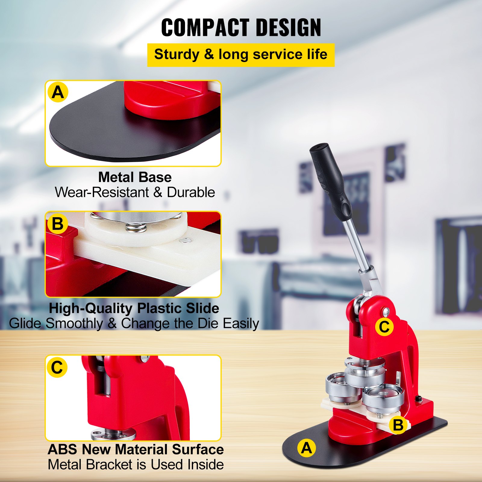 Fabricante de botones VEVOR con diseño compacto, base de metal, deslizador de plástico y superficie de ABS.