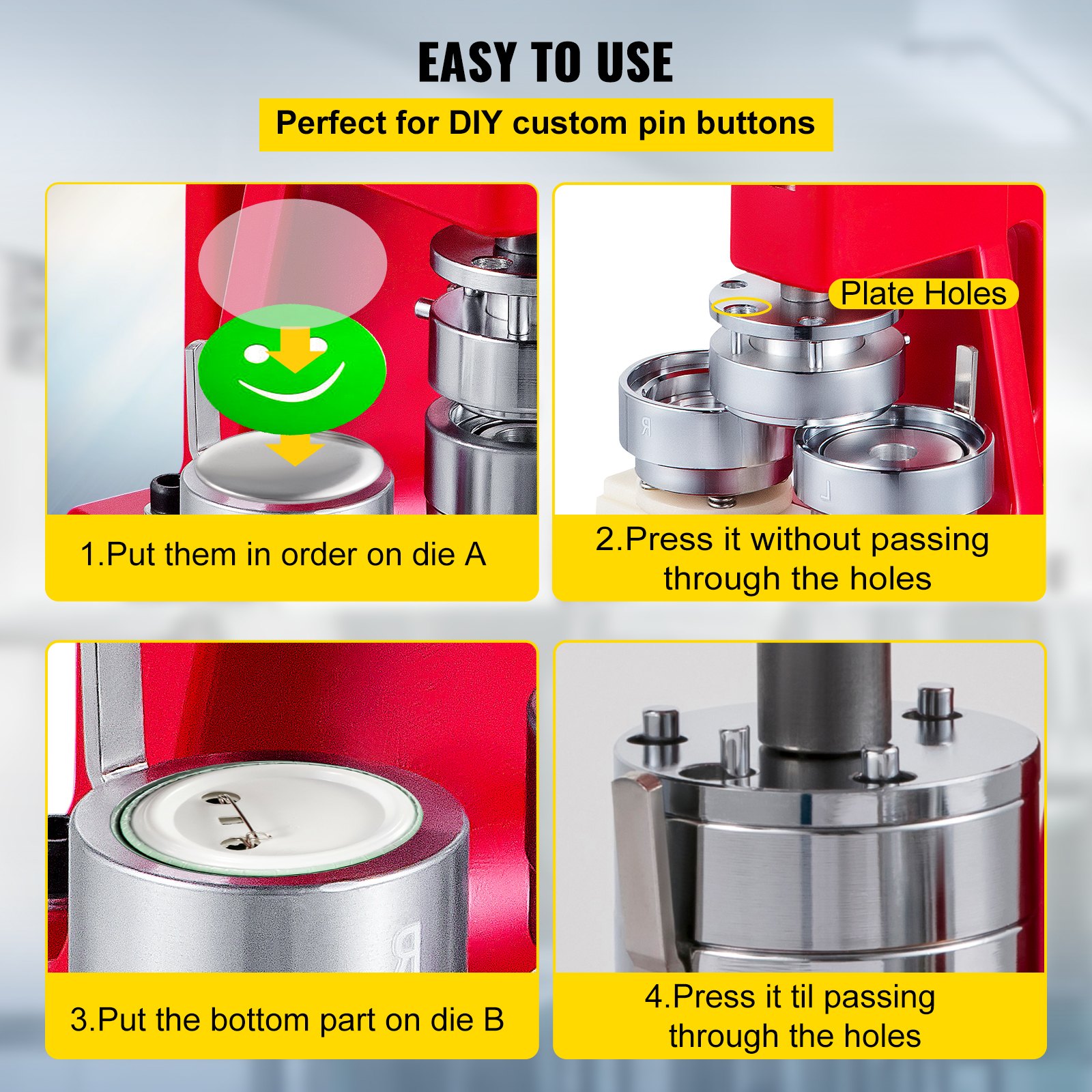 Pasos e instrucciones de montaje del botón pin de bricolaje para hacer botones VEVOR.