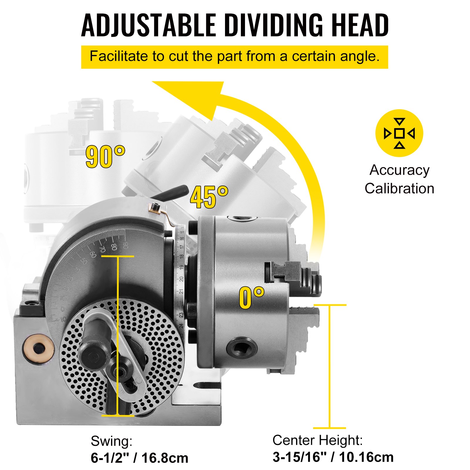 Cabezal divisor VEVOR con ángulos ajustables y calibración de precisión, oscilación de 6,5&quot;, altura de 3,95&quot;.