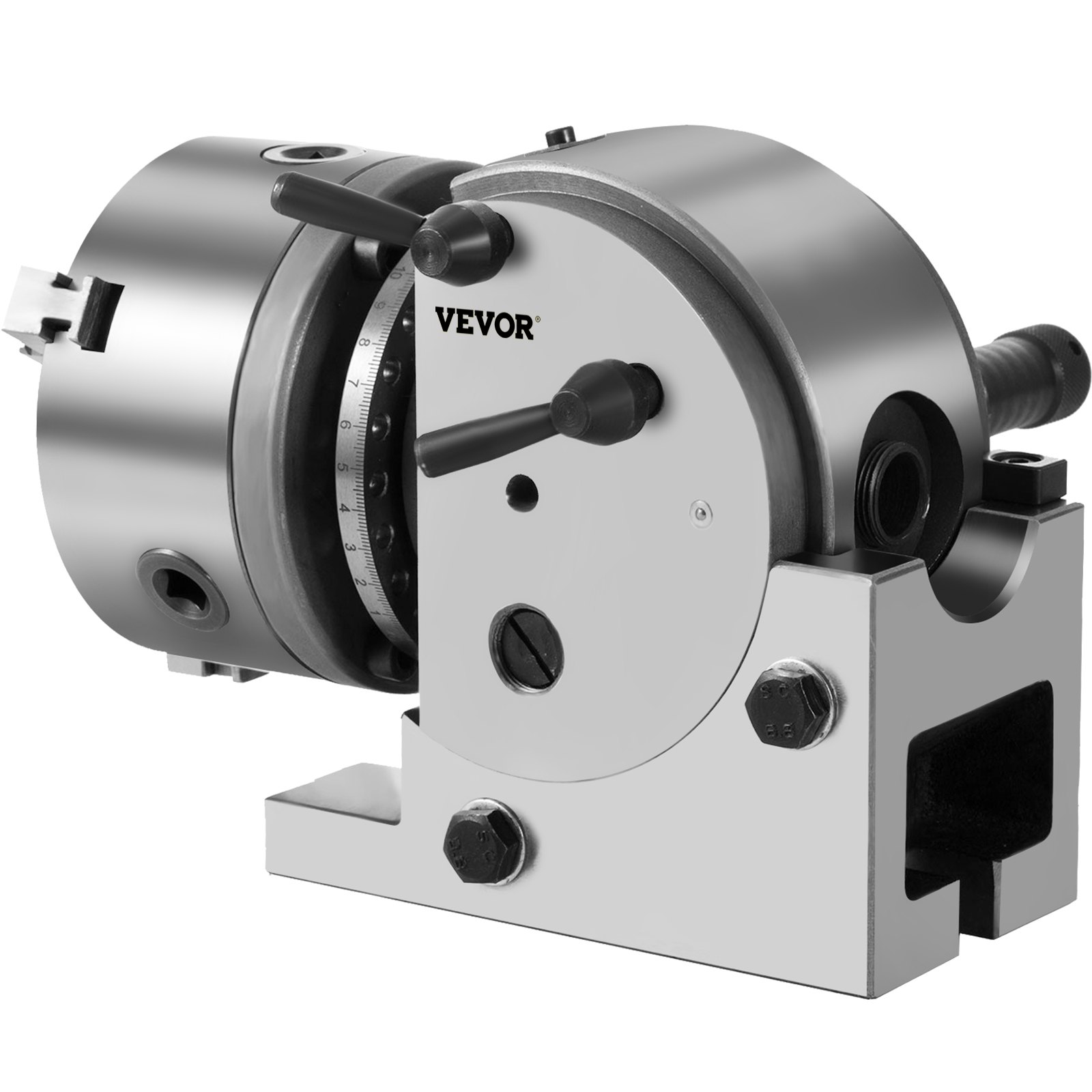 Cabezal divisor VEVOR con asas, dial y base resistente para mecanizado de precisión.