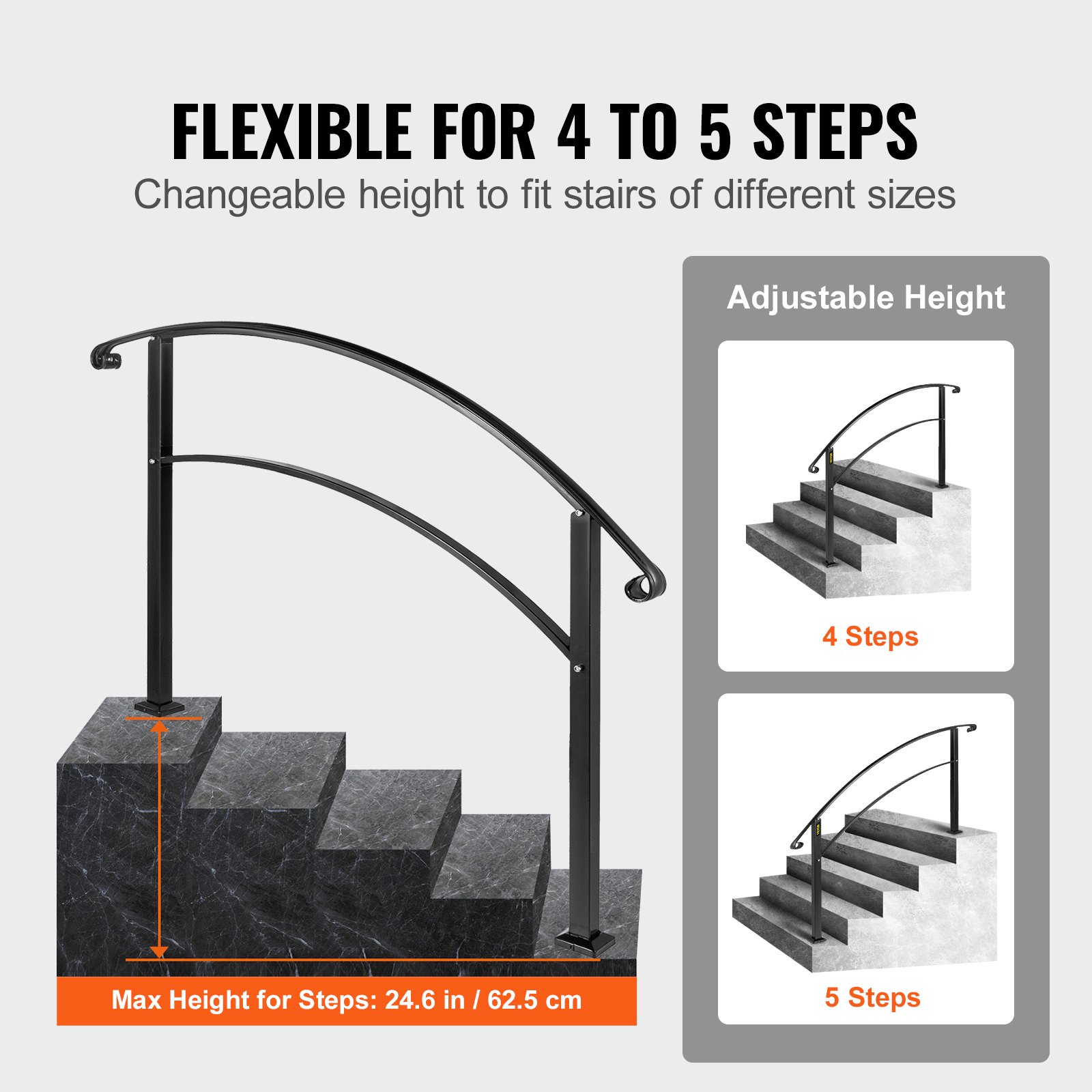 Pasamanos de exterior VEVOR para 4 a 5 escalones, altura ajustable hasta 24,6 pulgadas.