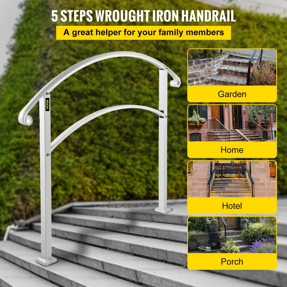 Pasamanos VEVOR para escalones al aire libre, se ajustan a barandilla de escalera al aire libre de 1 o 5 escalones, pasamanos de hierro forjado blanco, pasamanos de porche delantero flexible, pasamanos de transición para escalones de hormigón o escaleras de madera