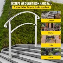 Pasamanos VEVOR para escalones al aire libre, se ajustan a barandilla de escalera al aire libre de 1 o 5 escalones, pasamanos de hierro forjado blanco, pasamanos de porche delantero flexible, pasamanos de transición para escalones de hormigón o escaleras de madera