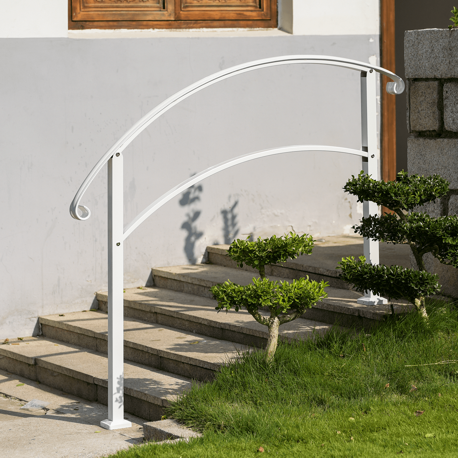 Pasamanos VEVOR para escalones al aire libre, se ajustan a barandilla de escalera al aire libre de 1 o 5 escalones, pasamanos de hierro forjado blanco, pasamanos de porche delantero flexible, pasamanos de transición para escalones de hormigón o escaleras de madera