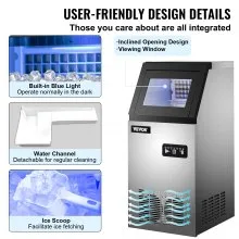 VEVOR Fabricador De Hielo Máquina para Hacer Hielo de Acero Inoxidable de Calidad Alimentaria Trituradora de Máquina de Hielo Comercial 60kg/24 horas