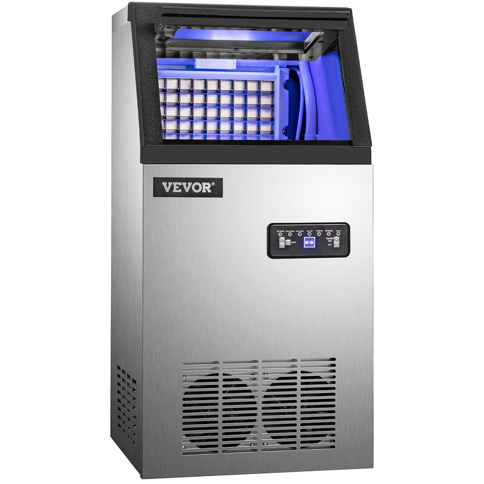 VEVOR Máquina para hacer hielo comercial de 110 V, 110 libras/24 horas con almacenamiento de 22 libras, máquina para hacer hielo, máquina de hielo automática portátil de acero inoxidable con cuchara y mangueras de conexión, perfecta para restaurantes, bares, cafeterías