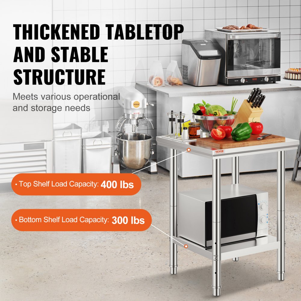 VEVOR Mesa de trabajo de acero inoxidable de 24 x 24 x 32 pulgadas Mesa de trabajo y preparación de cocina comercial Mesa de trabajo de preparación resistente Mesa de trabajo de metal con pies ajustables para restaurante, hogar y hotel
